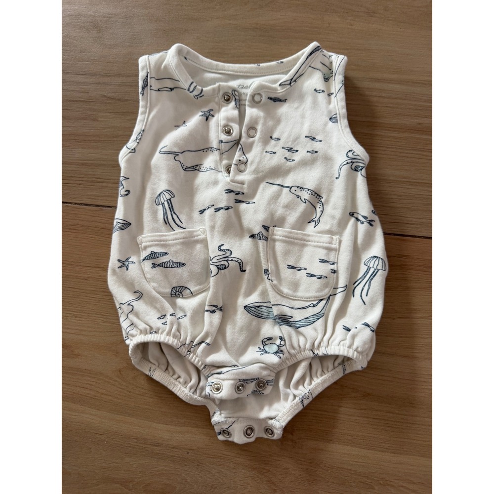 Pehr Organic Cotton Sea Life Bubble Romper Cream Navy Blue Whale Print 3-6M